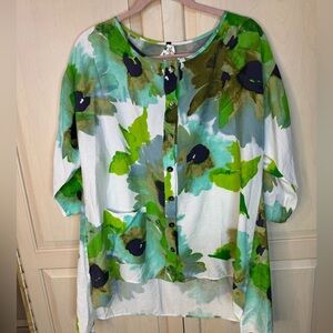 IC by Connie K Green White Floral Print Tunic Top Size M